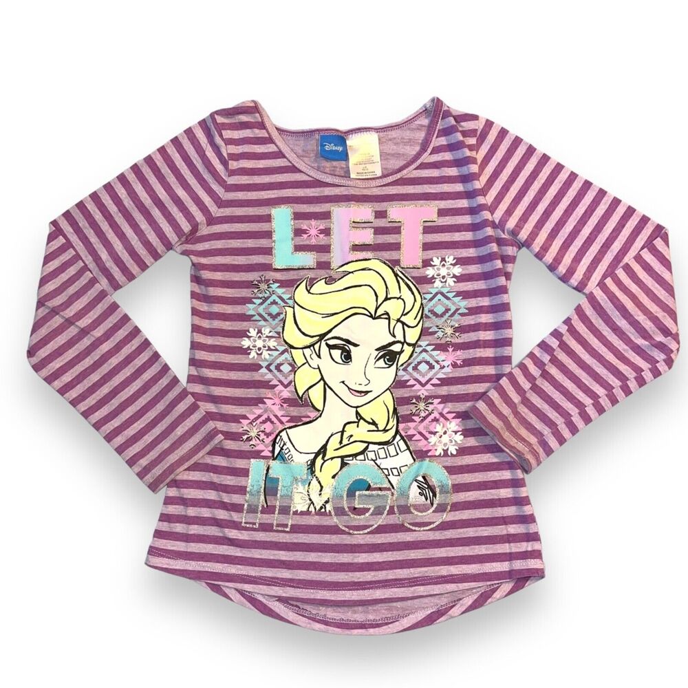Disney Girls Frozen T Shirt Top Long Sleeve Sparkle Stripes Pullover Large 10 12